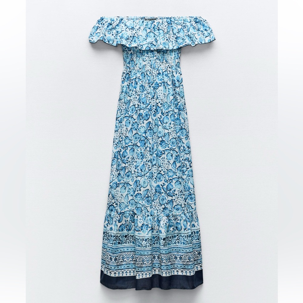 Zara Floral Blue Off-Shoulder Dress